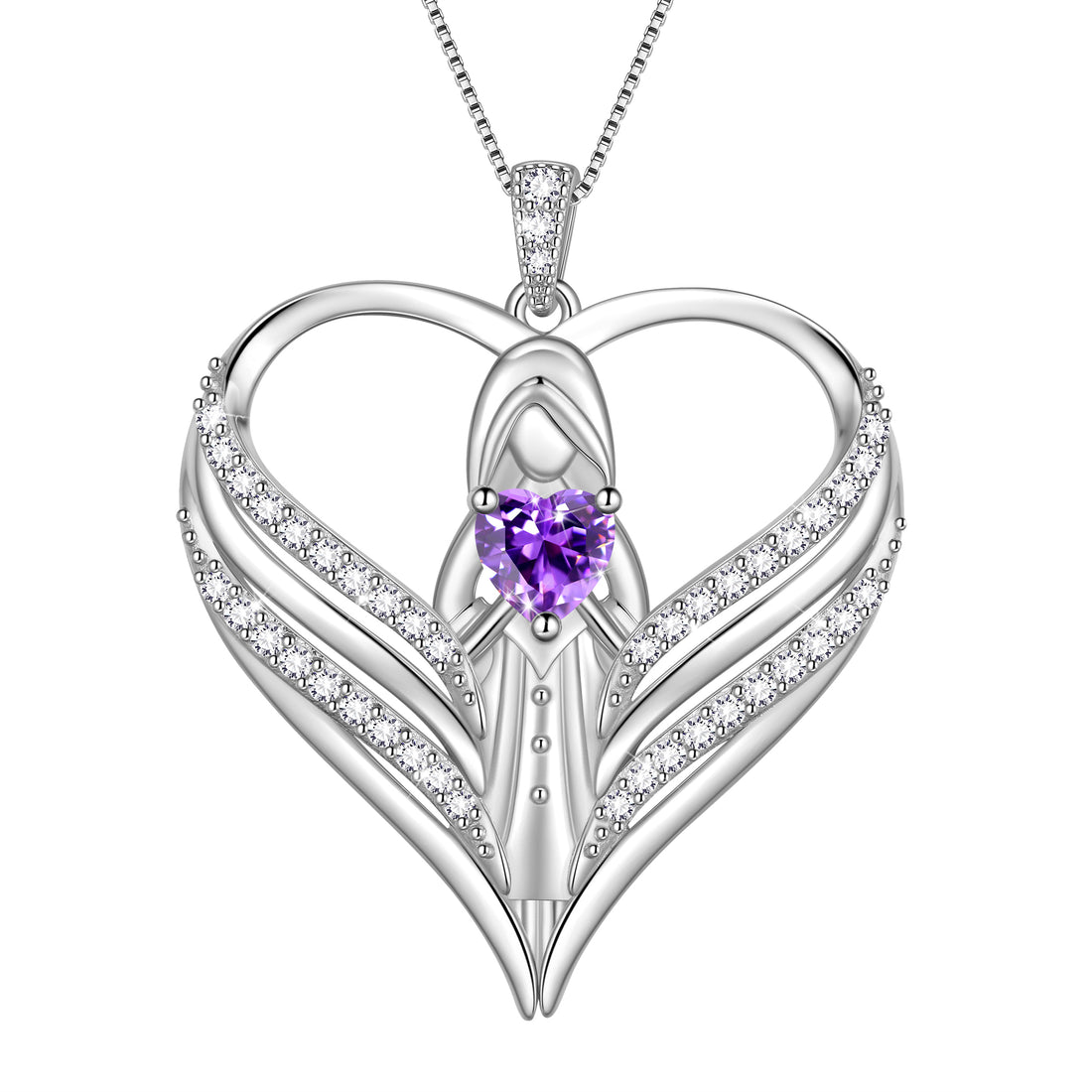 Beautlace 925 Sterling Silver Angle Heart Necklace with Birthstone,Guardian of Love Heart Pendant Necklace Jewelry Birthday Christmas Valentines Gifts for Women Mom