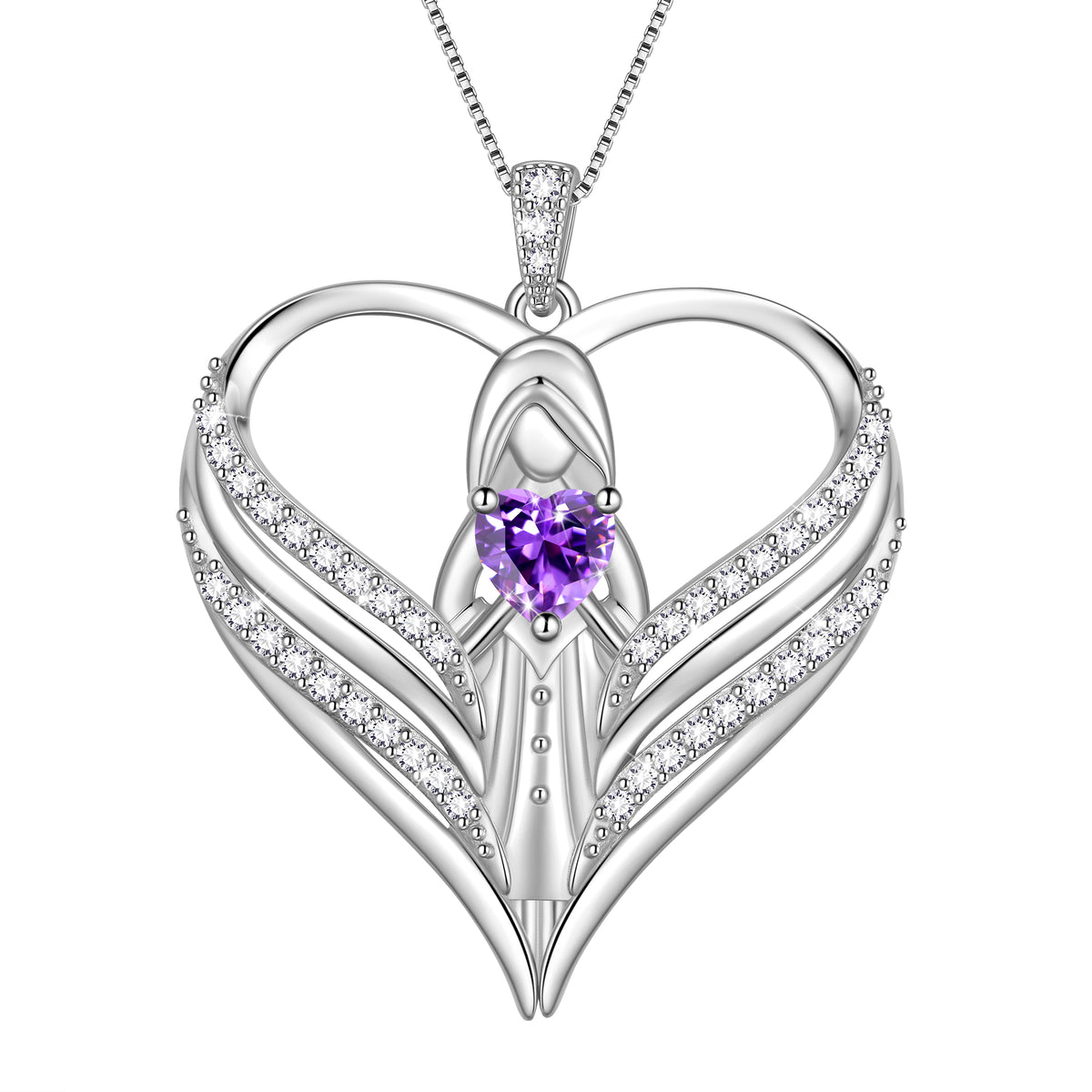 Beautlace 925 Sterling Silver Angle Heart Necklace with Birthstone,Guardian of Love Heart Pendant Necklace Jewelry Birthday Christmas Valentines Gifts for Women Mom
