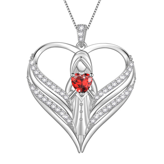 Beautlace 925 Sterling Silver Angle Heart Necklace with Birthstone,Guardian of Love Heart Pendant Necklace Jewelry Birthday Christmas Valentines Gifts for Women Mom