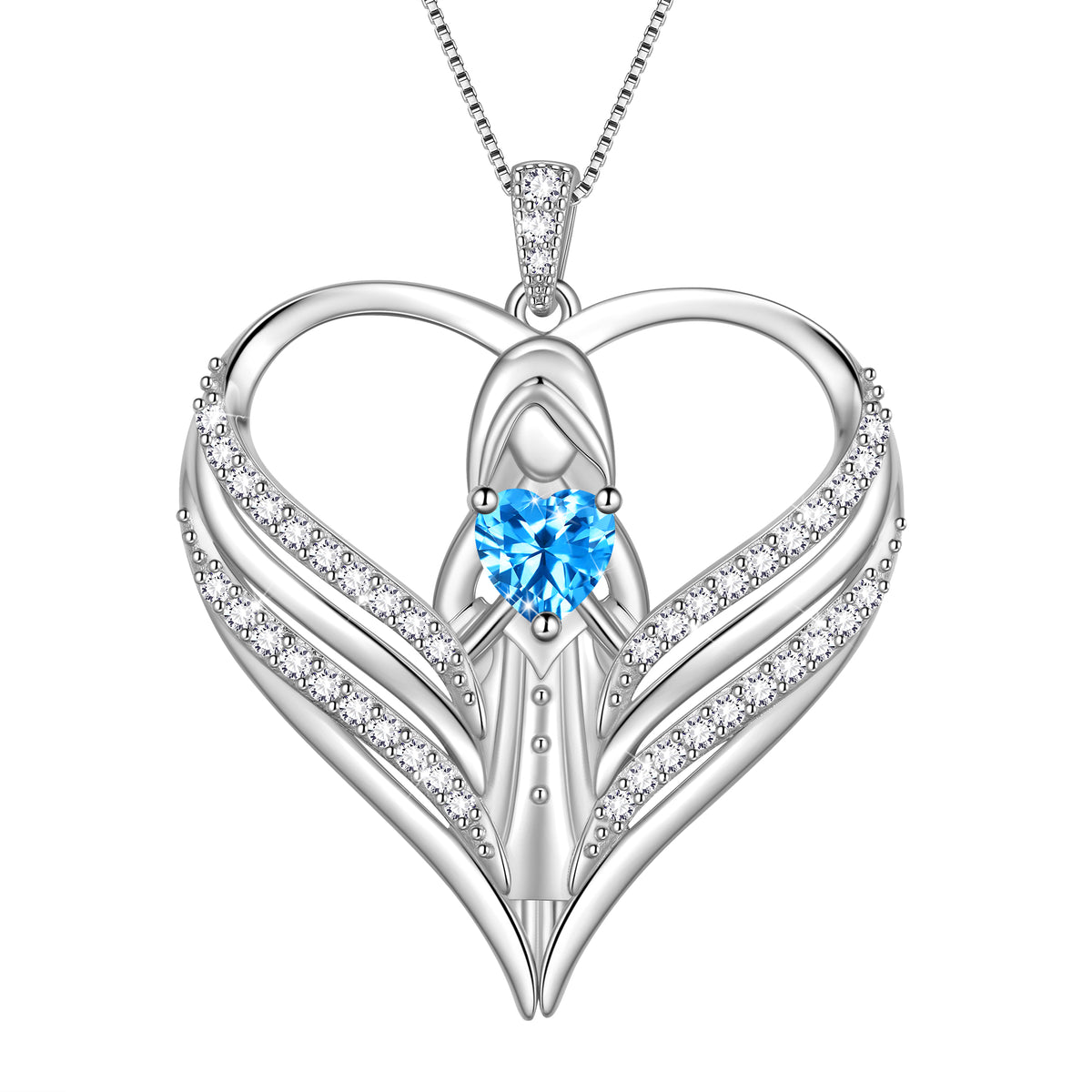 Beautlace 925 Sterling Silver Angle Heart Necklace with Birthstone,Guardian of Love Heart Pendant Necklace Jewelry Birthday Christmas Valentines Gifts for Women Mom
