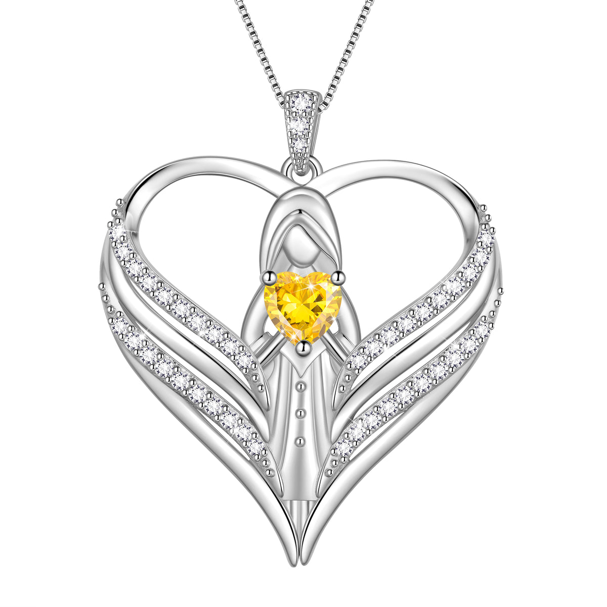 Beautlace 925 Sterling Silver Angle Heart Necklace with Birthstone,Guardian of Love Heart Pendant Necklace Jewelry Birthday Christmas Valentines Gifts for Women Mom