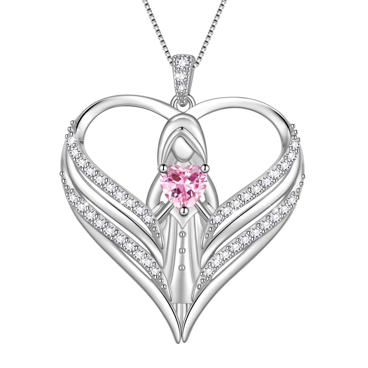 Beautlace 925 Sterling Silver Angle Heart Necklace with Birthstone,Guardian of Love Heart Pendant Necklace Jewelry Birthday Christmas Valentines Gifts for Women Mom