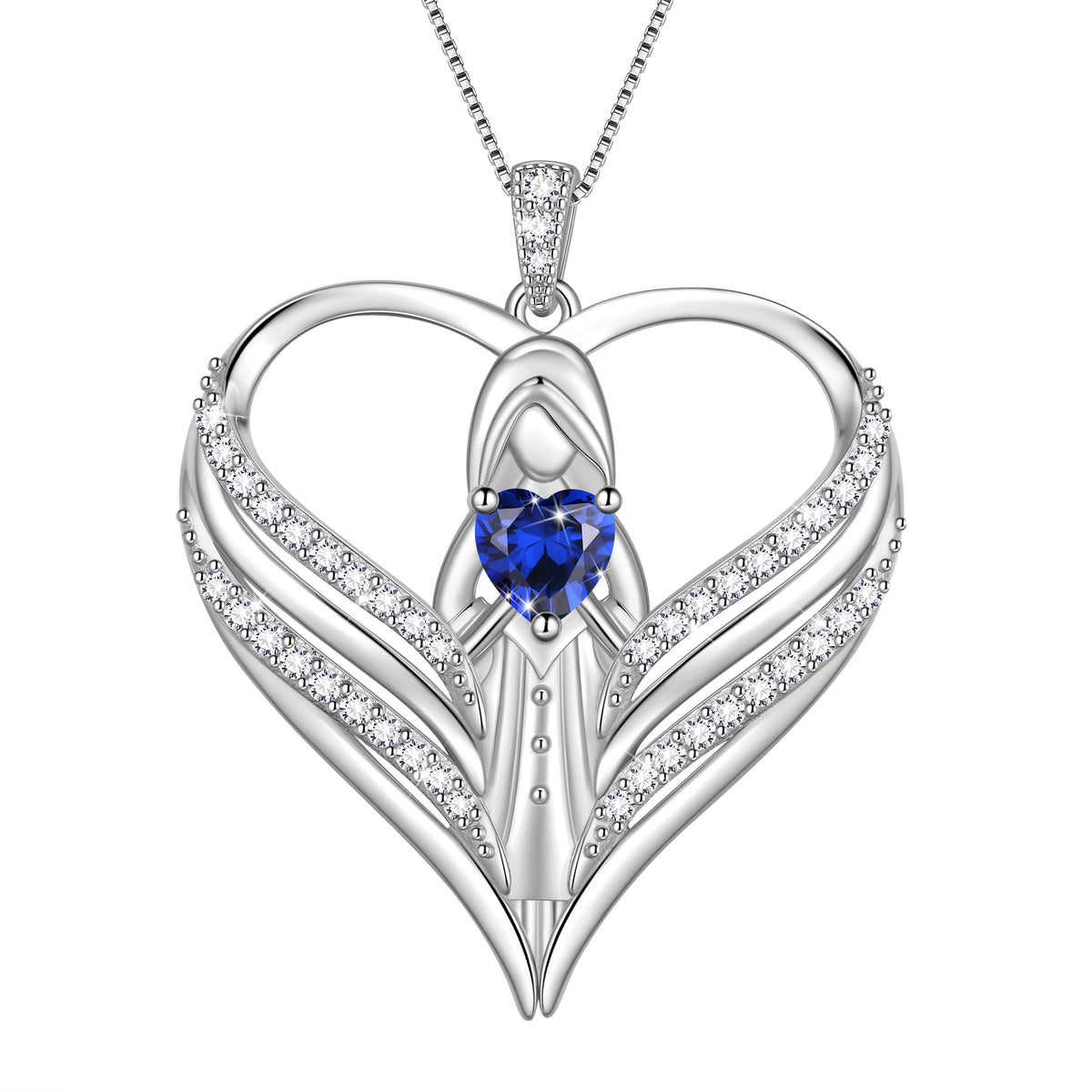 Beautlace 925 Sterling Silver Angle Heart Necklace with Birthstone,Guardian of Love Heart Pendant Necklace Jewelry Birthday Christmas Valentines Gifts for Women Mom