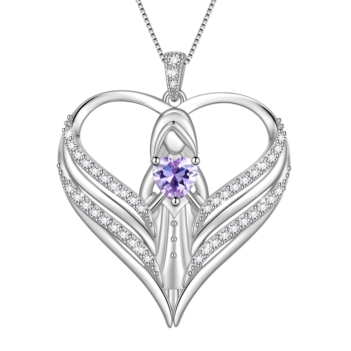 Beautlace 925 Sterling Silver Angle Heart Necklace with Birthstone,Guardian of Love Heart Pendant Necklace Jewelry Birthday Christmas Valentines Gifts for Women Mom