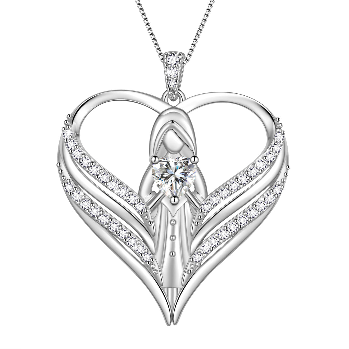Beautlace 925 Sterling Silver Angle Heart Necklace with Birthstone,Guardian of Love Heart Pendant Necklace Jewelry Birthday Christmas Valentines Gifts for Women Mom