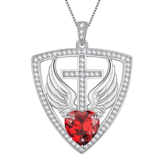 Beautlace 925 Sterling Silver Cross Shield Necklace with Wings and Heart Birthstone Pendant Necklace Faith and Guardian Jewelry Birthday Christmas Valentines Gifts for Women Mom