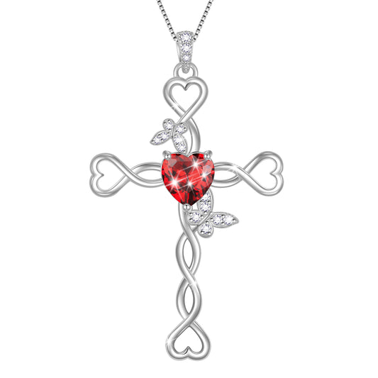 925 Sterling Silver Cross  Heart Birthstone Necklace,Butterfly Pendant Necklace Jewelry Birthday Christmas Gifts for Women/ Wife /Lover