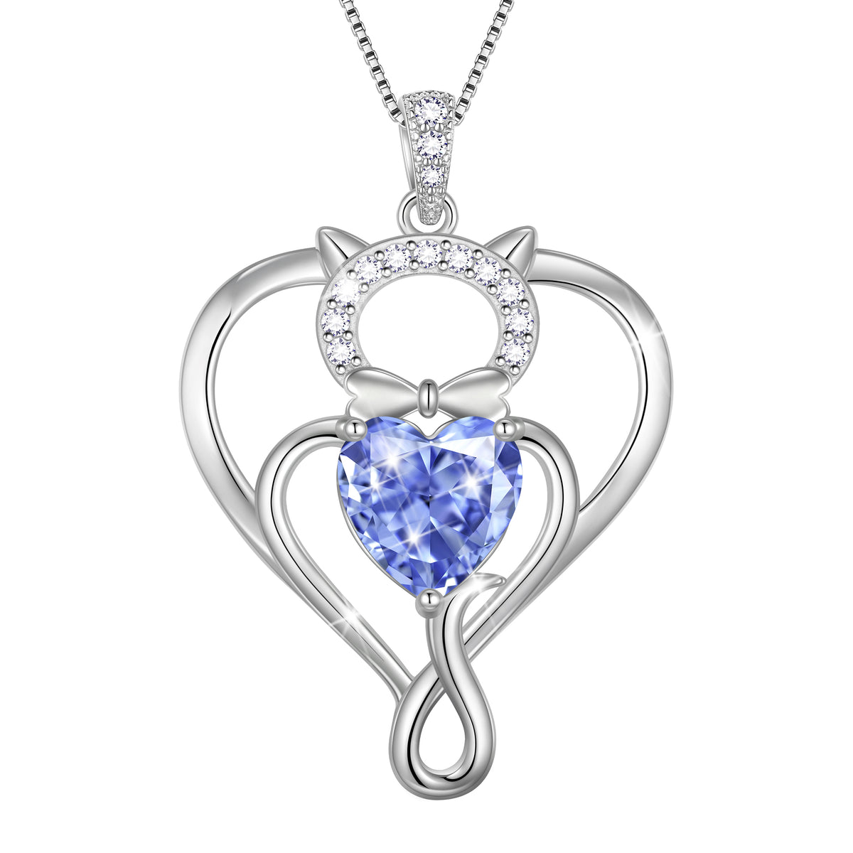 Beautlace 925 Sterling Silver Heart Birthstone Necklace,Cat Pendant Necklace Cute Animal Jewelry Birthday Christmas Valentines Gifts for Women