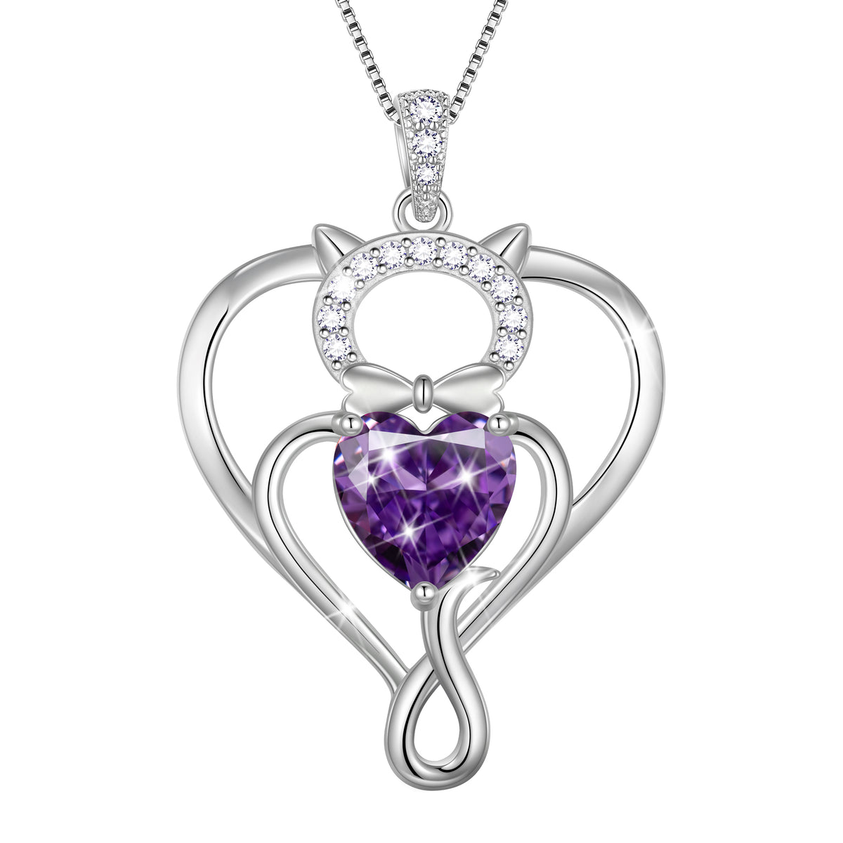 Beautlace 925 Sterling Silver Heart Birthstone Necklace,Cat Pendant Necklace Cute Animal Jewelry Birthday Christmas Valentines Gifts for Women