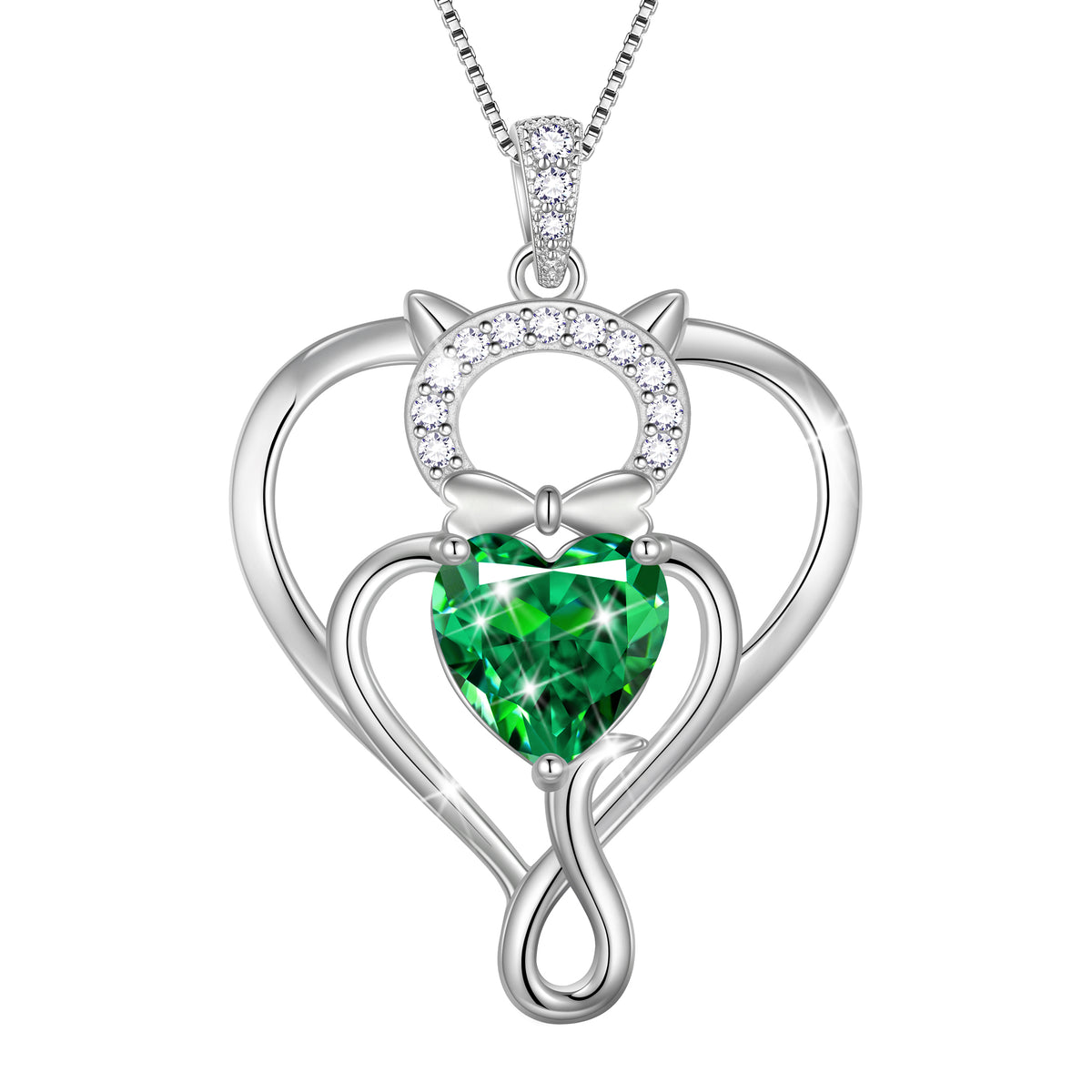 Beautlace 925 Sterling Silver Heart Birthstone Necklace,Cat Pendant Necklace Cute Animal Jewelry Birthday Christmas Valentines Gifts for Women