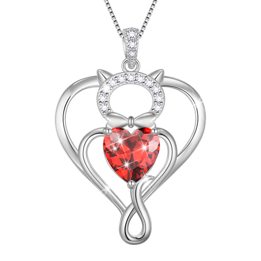 Beautlace 925 Sterling Silver Heart Birthstone Necklace,Cat Pendant Necklace Cute Animal Jewelry Birthday Christmas Valentines Gifts for Women