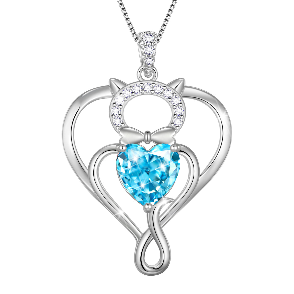 Beautlace 925 Sterling Silver Heart Birthstone Necklace,Cat Pendant Necklace Cute Animal Jewelry Birthday Christmas Valentines Gifts for Women