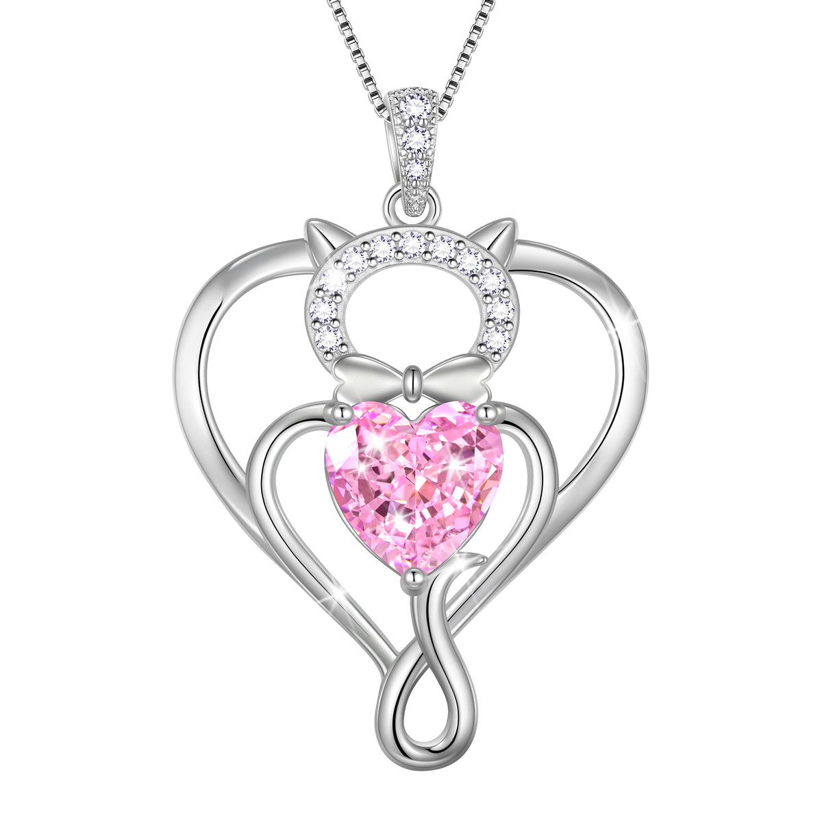 Beautlace 925 Sterling Silver Heart Birthstone Necklace,Cat Pendant Necklace Cute Animal Jewelry Birthday Christmas Valentines Gifts for Women