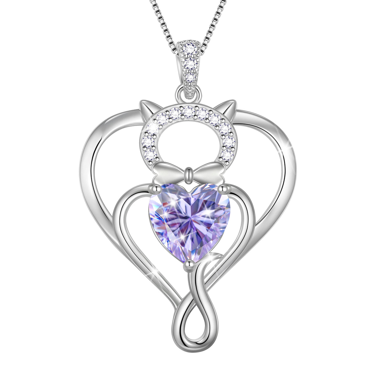 Beautlace 925 Sterling Silver Heart Birthstone Necklace,Cat Pendant Necklace Cute Animal Jewelry Birthday Christmas Valentines Gifts for Women