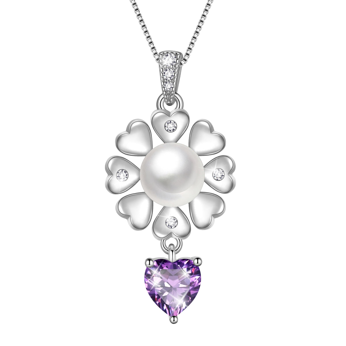 Flower Natural Pearl Necklace,925 Sterling Silver Heart Birthstone Pendant Necklace Birthday Anniversary Christmas Jewelry Gifts for Women / Wife / Lovers