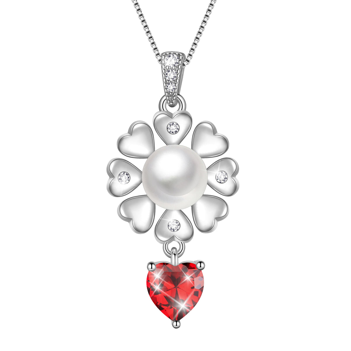 Flower Natural Pearl Necklace,925 Sterling Silver Heart Birthstone Pendant Necklace Birthday Anniversary Christmas Jewelry Gifts for Women / Wife / Lovers