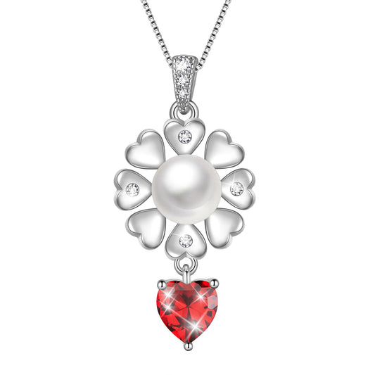 Flower Natural Pearl Necklace,925 Sterling Silver Heart Birthstone Pendant Necklace Birthday Anniversary Christmas Jewelry Gifts for Women / Wife / Lovers