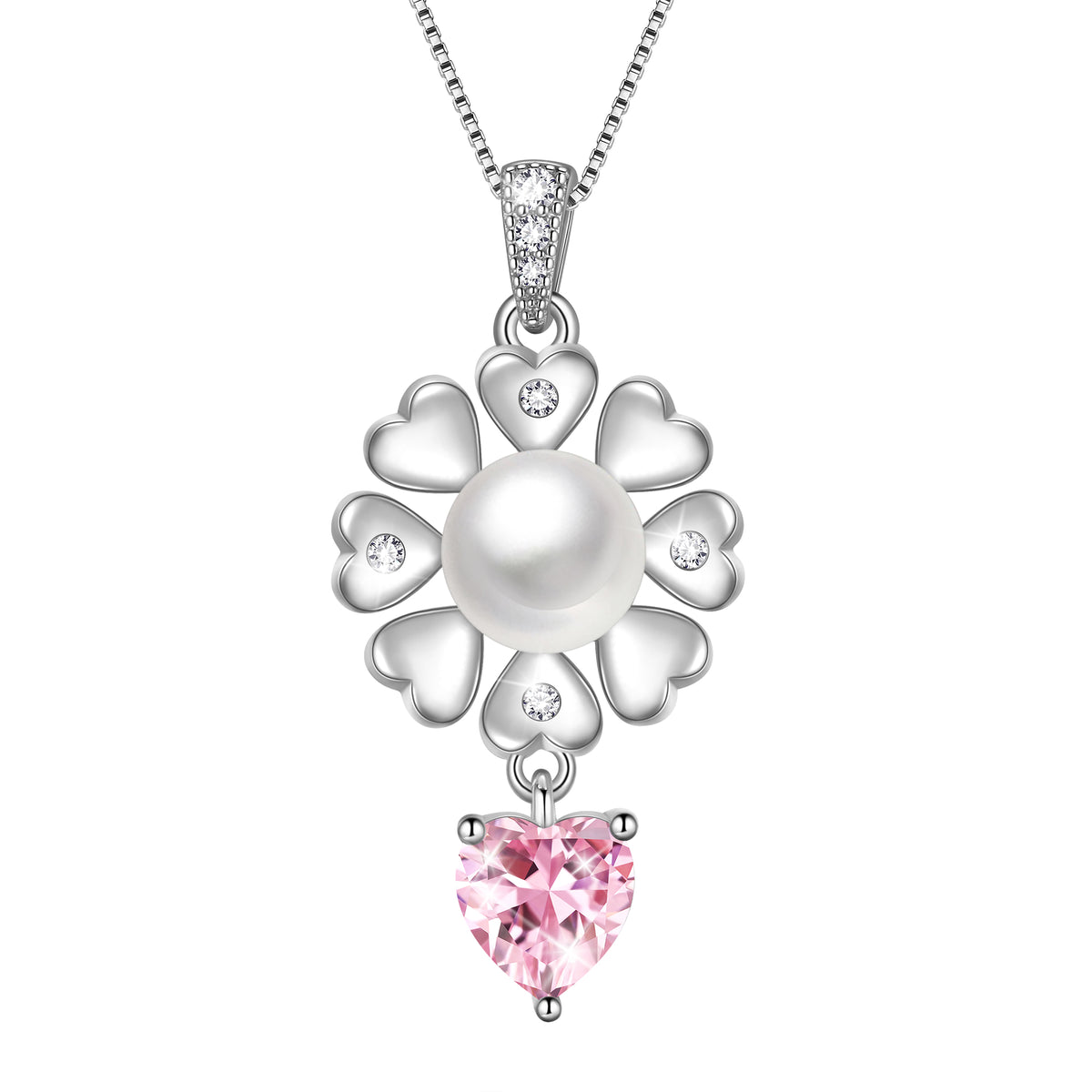 Flower Natural Pearl Necklace,925 Sterling Silver Heart Birthstone Pendant Necklace Birthday Anniversary Christmas Jewelry Gifts for Women / Wife / Lovers