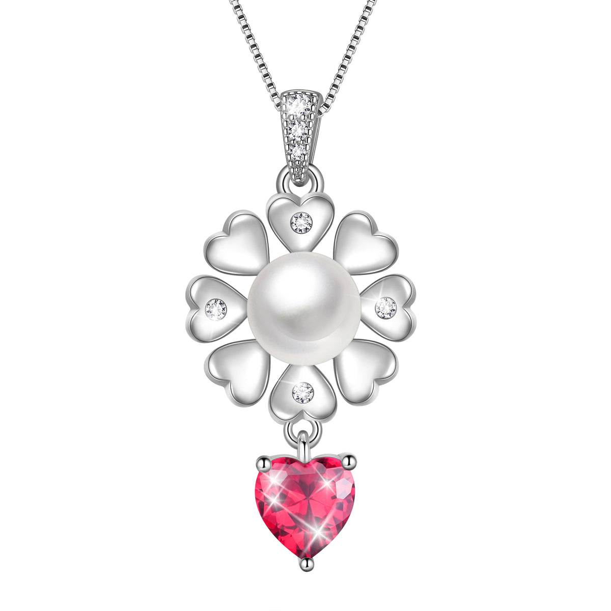Flower Natural Pearl Necklace,925 Sterling Silver Heart Birthstone Pendant Necklace Birthday Anniversary Christmas Jewelry Gifts for Women / Wife / Lovers