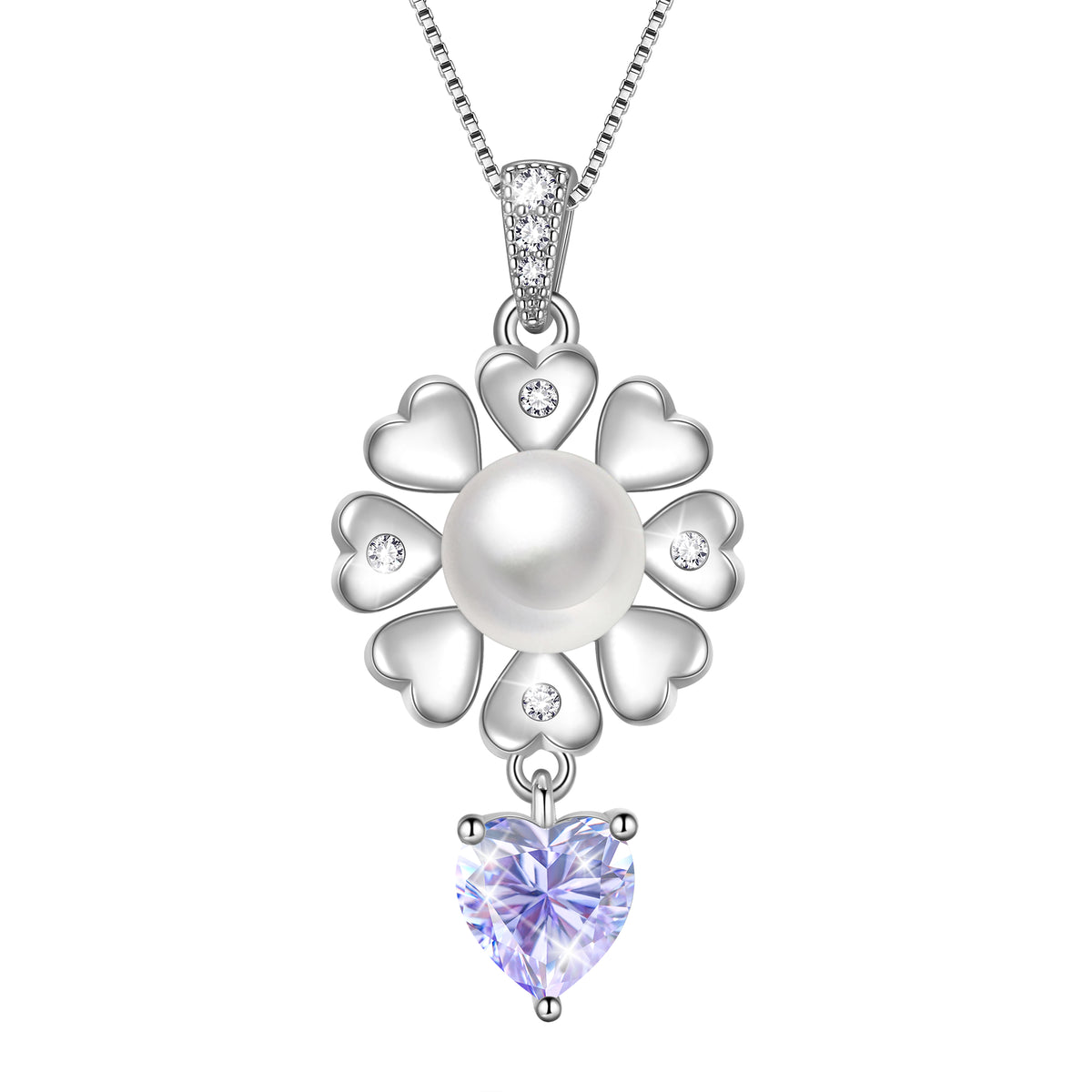 Flower Natural Pearl Necklace,925 Sterling Silver Heart Birthstone Pendant Necklace Birthday Anniversary Christmas Jewelry Gifts for Women / Wife / Lovers