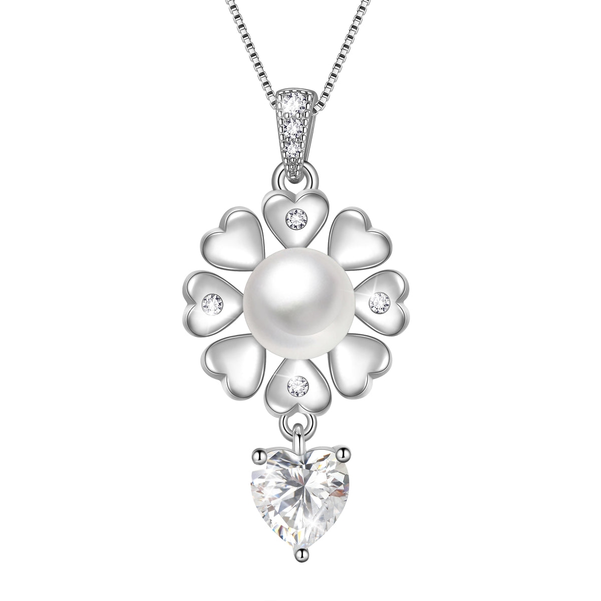 Flower Natural Pearl Necklace,925 Sterling Silver Heart Birthstone Pendant Necklace Birthday Anniversary Christmas Jewelry Gifts for Women / Wife / Lovers