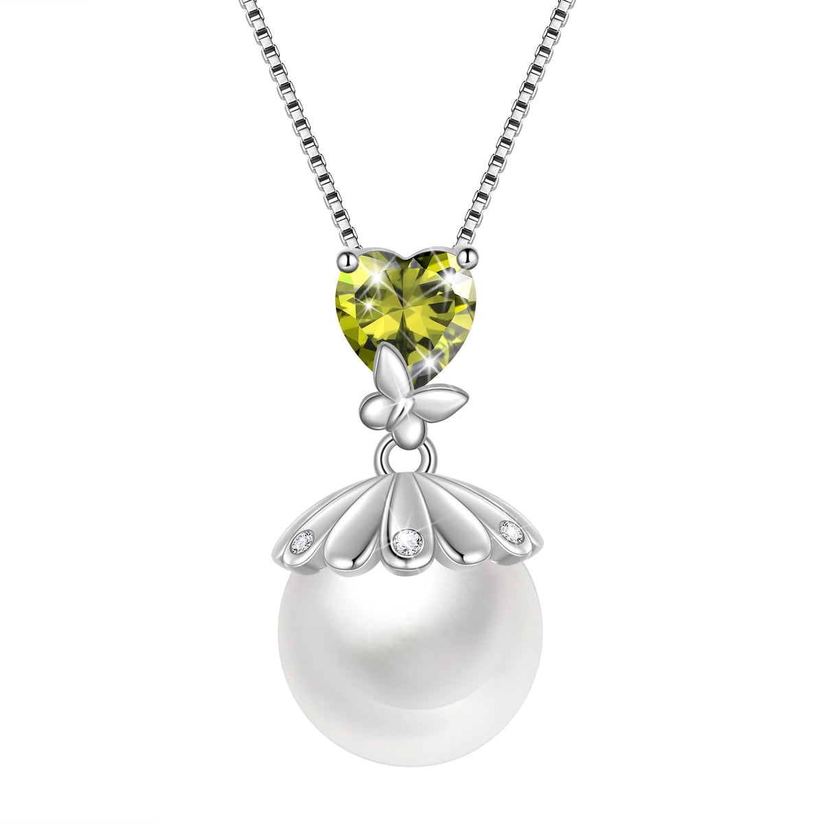 10mm Natural Pearl Heart Necklace,925 Sterling Silver Heart Birthstone Butterfly Pendant Necklace Birthday Anniversary Christmas Jewelry Gifts for Women / Wife / Lovers