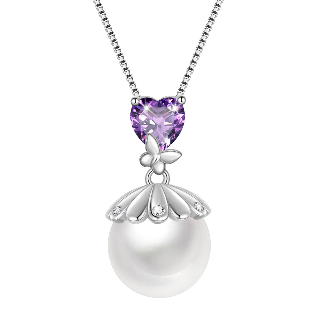 10mm Natural Pearl Heart Necklace,925 Sterling Silver Heart Birthstone Butterfly Pendant Necklace Birthday Anniversary Christmas Jewelry Gifts for Women / Wife / Lovers