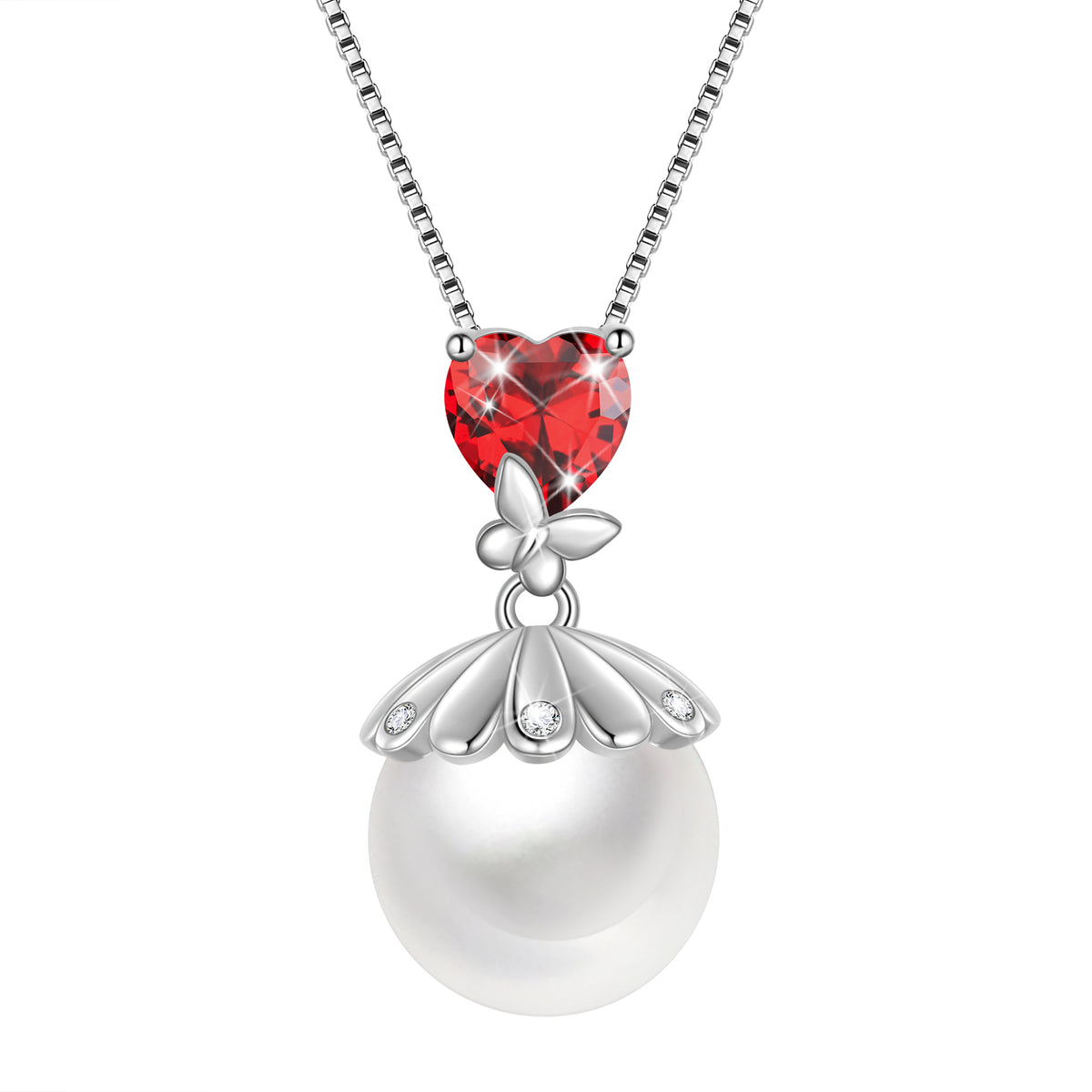10mm Natural Pearl Heart Necklace,925 Sterling Silver Heart Birthstone Butterfly Pendant Necklace Birthday Anniversary Christmas Jewelry Gifts for Women / Wife / Lovers