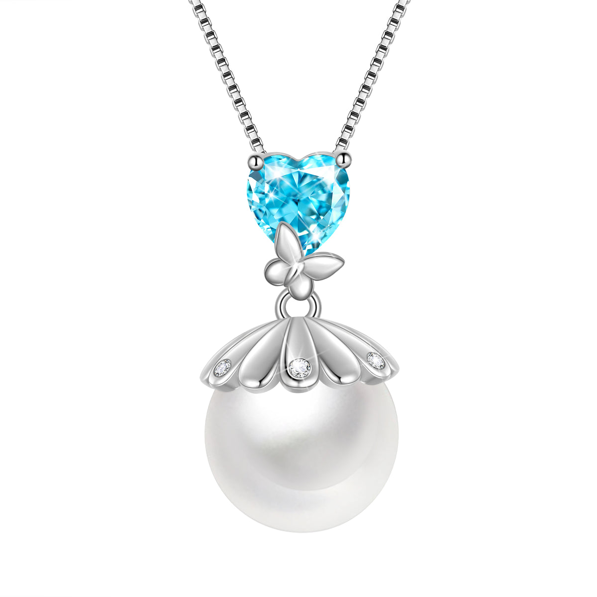 10mm Natural Pearl Heart Necklace,925 Sterling Silver Heart Birthstone Butterfly Pendant Necklace Birthday Anniversary Christmas Jewelry Gifts for Women / Wife / Lovers