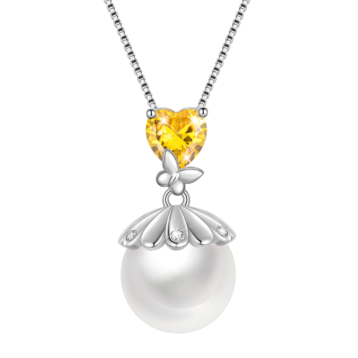 10mm Natural Pearl Heart Necklace,925 Sterling Silver Heart Birthstone Butterfly Pendant Necklace Birthday Anniversary Christmas Jewelry Gifts for Women / Wife / Lovers