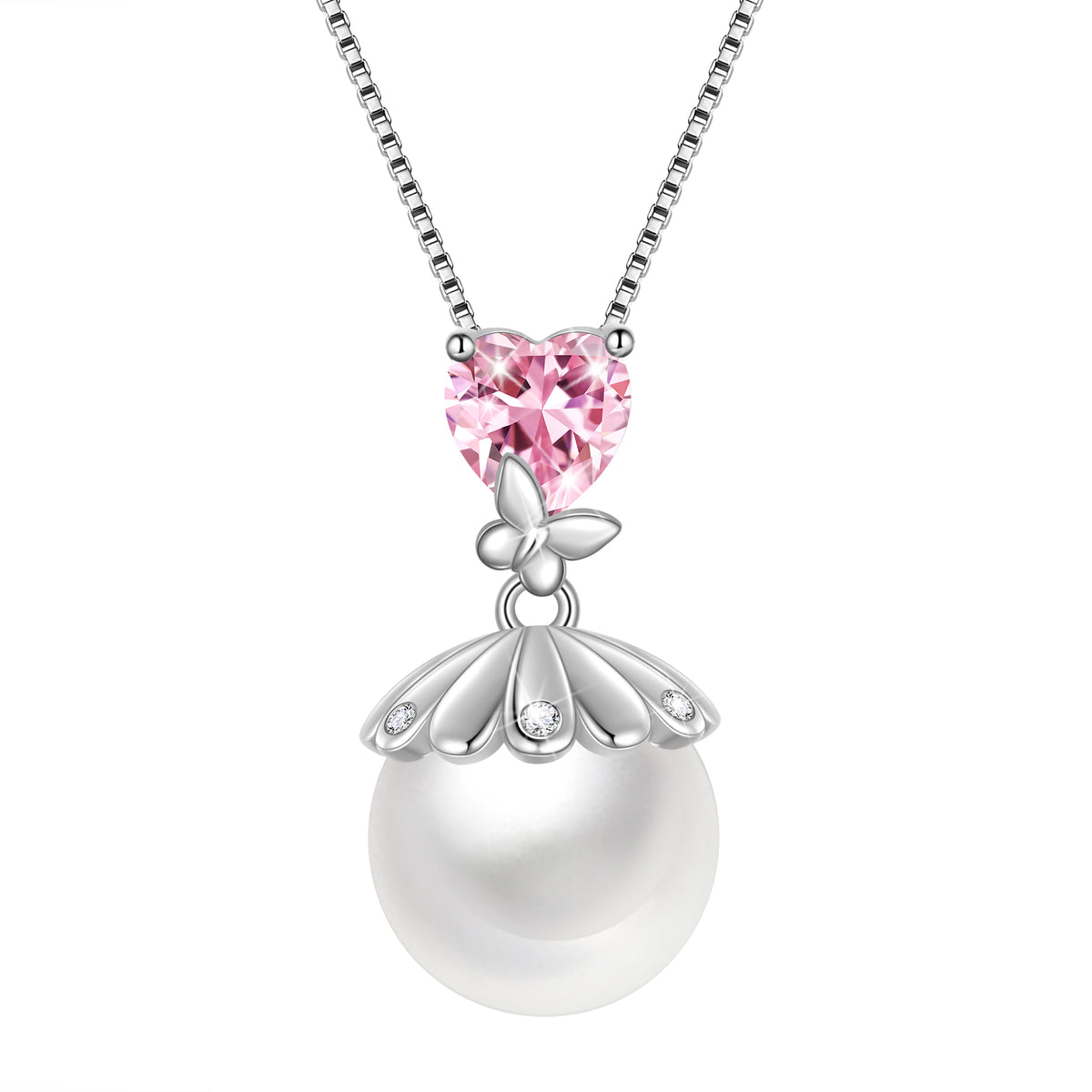 10mm Natural Pearl Heart Necklace,925 Sterling Silver Heart Birthstone Butterfly Pendant Necklace Birthday Anniversary Christmas Jewelry Gifts for Women / Wife / Lovers