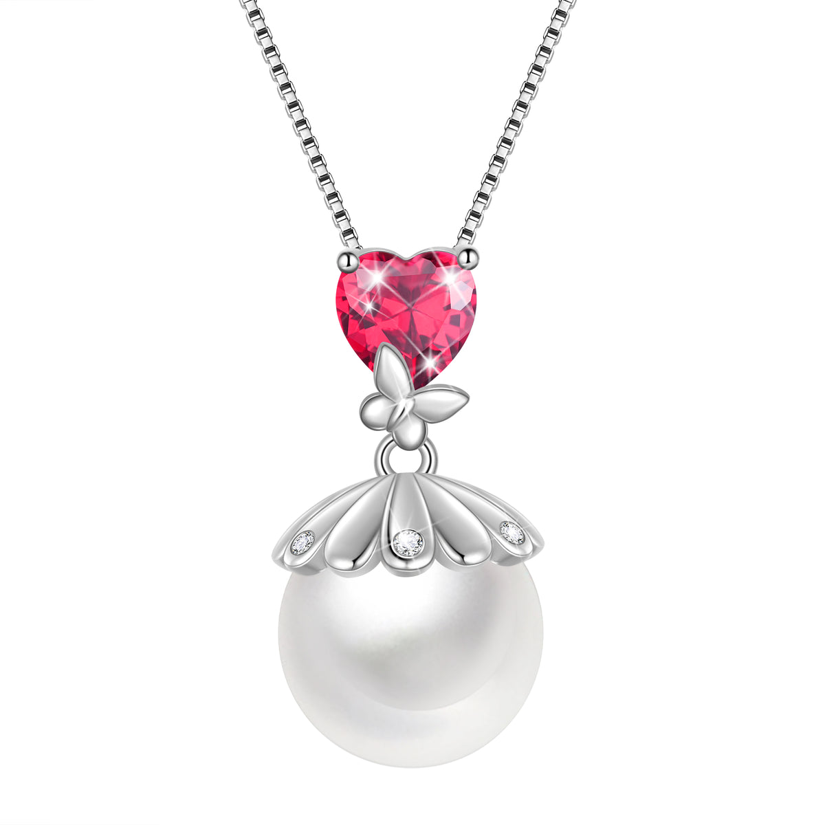 10mm Natural Pearl Heart Necklace,925 Sterling Silver Heart Birthstone Butterfly Pendant Necklace Birthday Anniversary Christmas Jewelry Gifts for Women / Wife / Lovers