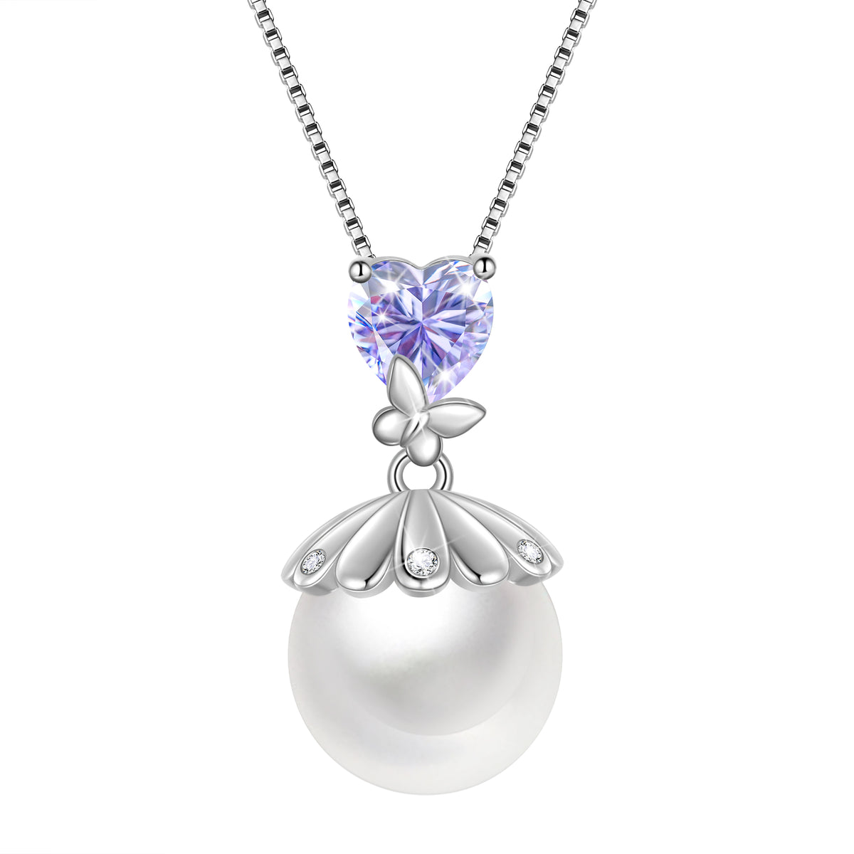 10mm Natural Pearl Heart Necklace,925 Sterling Silver Heart Birthstone Butterfly Pendant Necklace Birthday Anniversary Christmas Jewelry Gifts for Women / Wife / Lovers