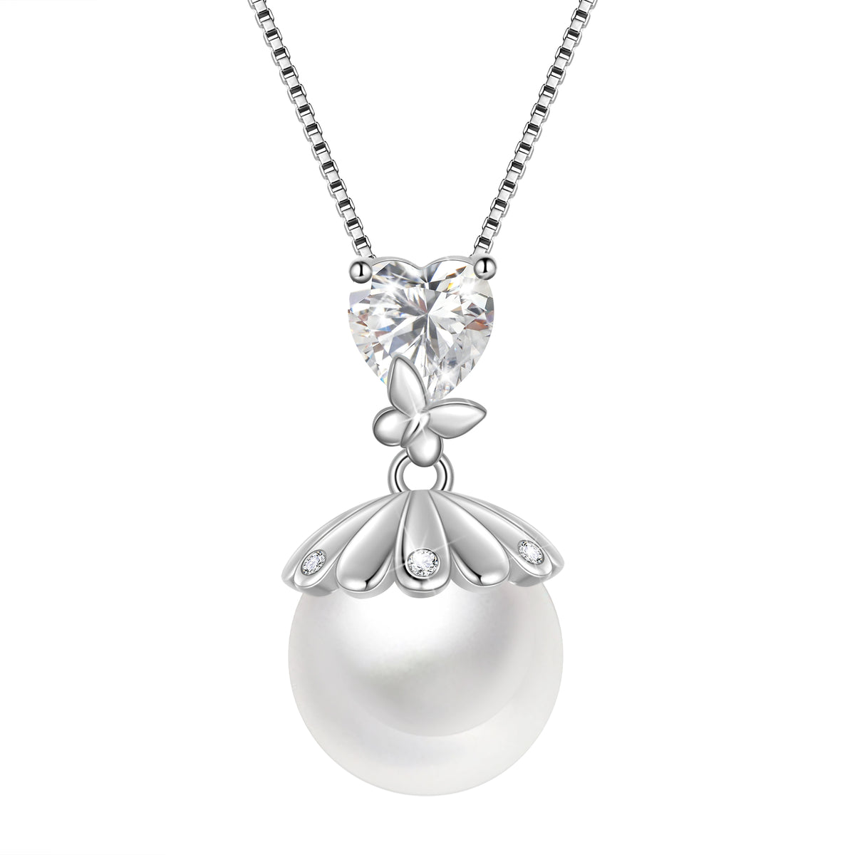 10mm Natural Pearl Heart Necklace,925 Sterling Silver Heart Birthstone Butterfly Pendant Necklace Birthday Anniversary Christmas Jewelry Gifts for Women / Wife / Lovers