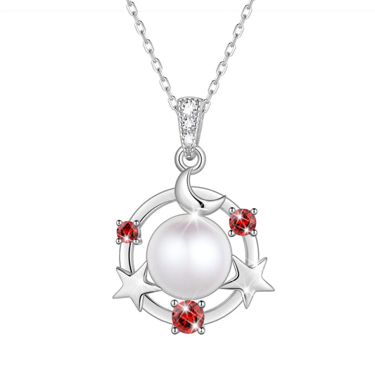 925 Sterling Silver Moon Star Birthstone Necklace,Natural Pearl Pendant Necklace Jewelry,Birthday Christmas Anniversary Gift for Women/Mom/Wife