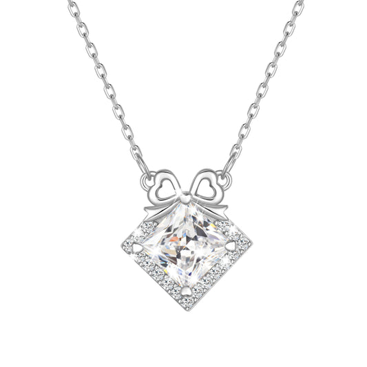 Beautlace 925 Sterling Silver Moissanite Bow Necklace, 1ct D VVS1 Simulated Diamond Bowknot Pendant Necklace Jewelry Gift for Women