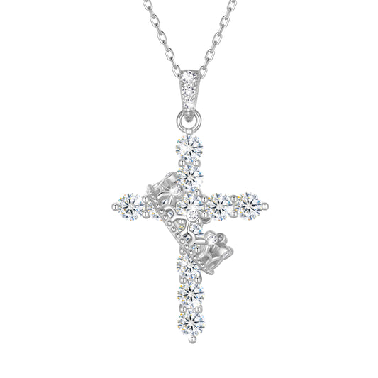 Beautlace Cross D Color VVS1 Moissanite Necklace,925 Sterling Silver Rotated Crown Round Cut Simulated Diamond Pendant Necklace Jewelry Gift for Women Wife Lover