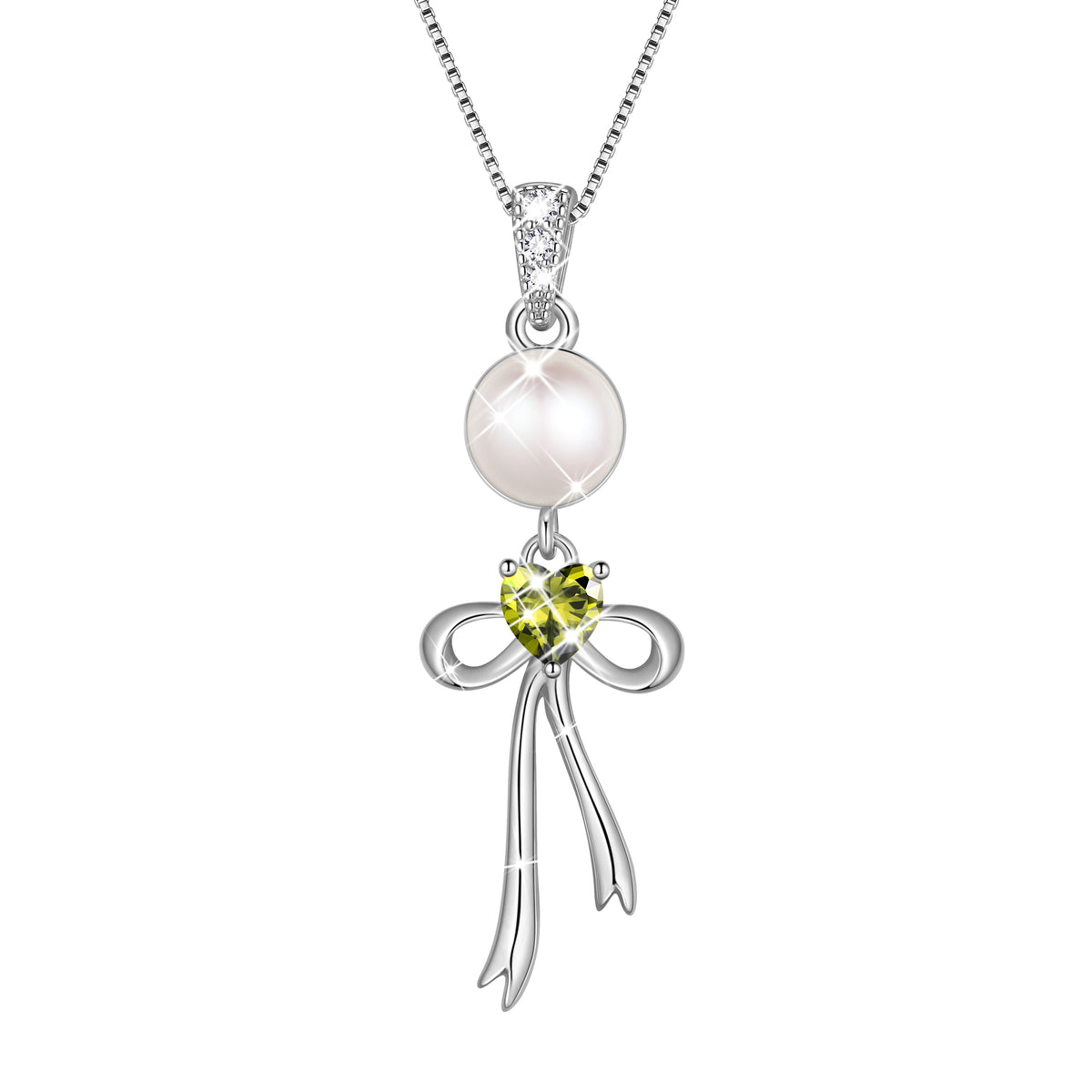 S925 Sterling Silver Birthstone Necklace for Women,Pearl Bow Pendant Necklace with CZ Birthstone,Jewelry Gift for Her Wife Mom Girlfriend,Birthday Mother’s Day Christmas Gift