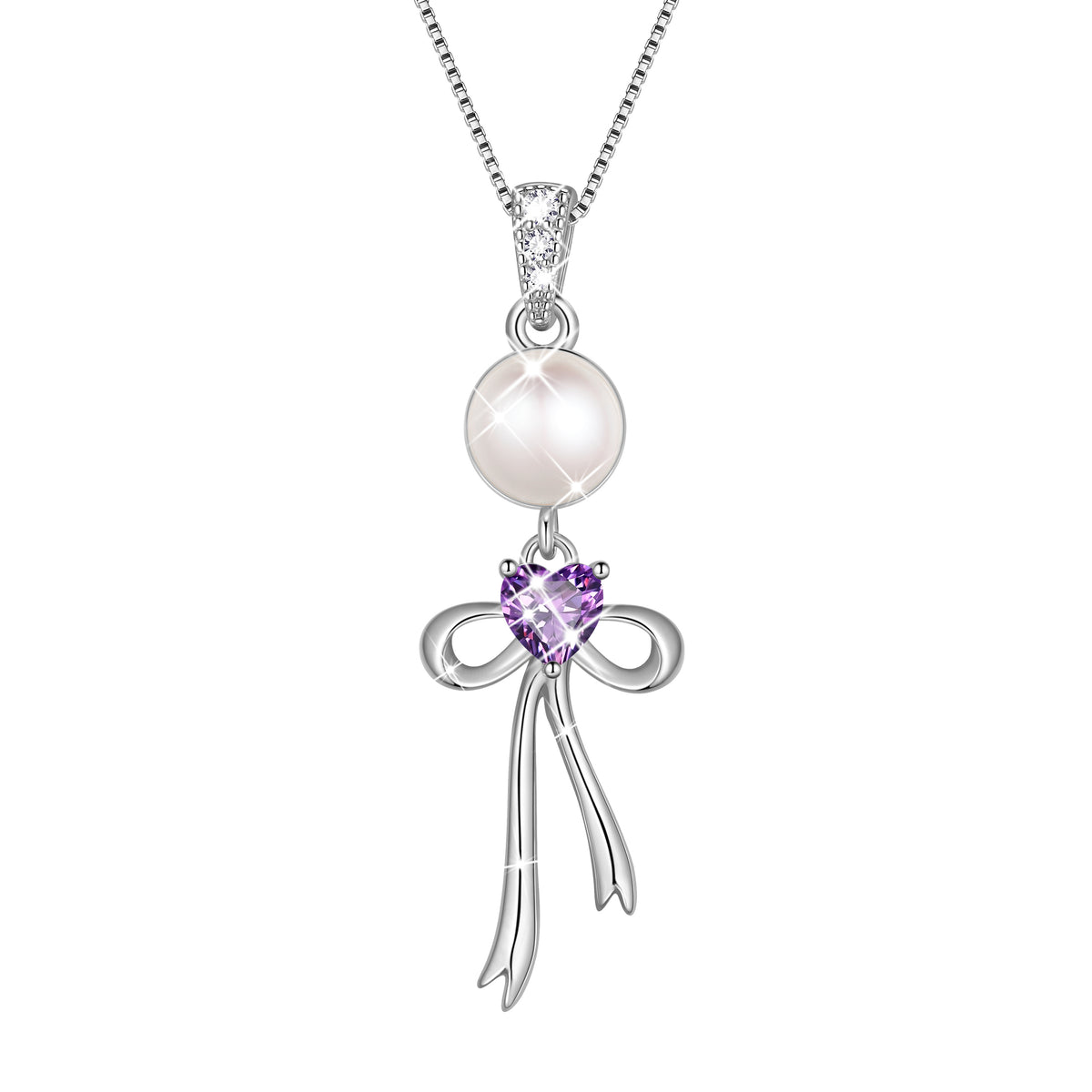 S925 Sterling Silver Birthstone Necklace for Women,Pearl Bow Pendant Necklace with CZ Birthstone,Jewelry Gift for Her Wife Mom Girlfriend,Birthday Mother’s Day Christmas Gift