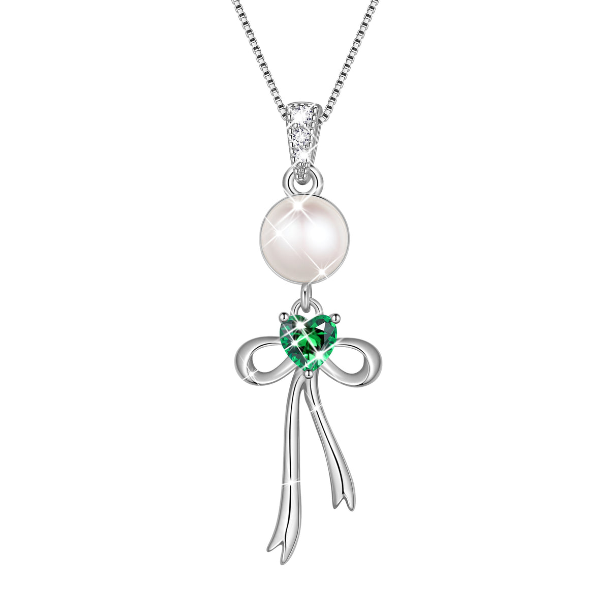 S925 Sterling Silver Birthstone Necklace for Women,Pearl Bow Pendant Necklace with CZ Birthstone,Jewelry Gift for Her Wife Mom Girlfriend,Birthday Mother’s Day Christmas Gift