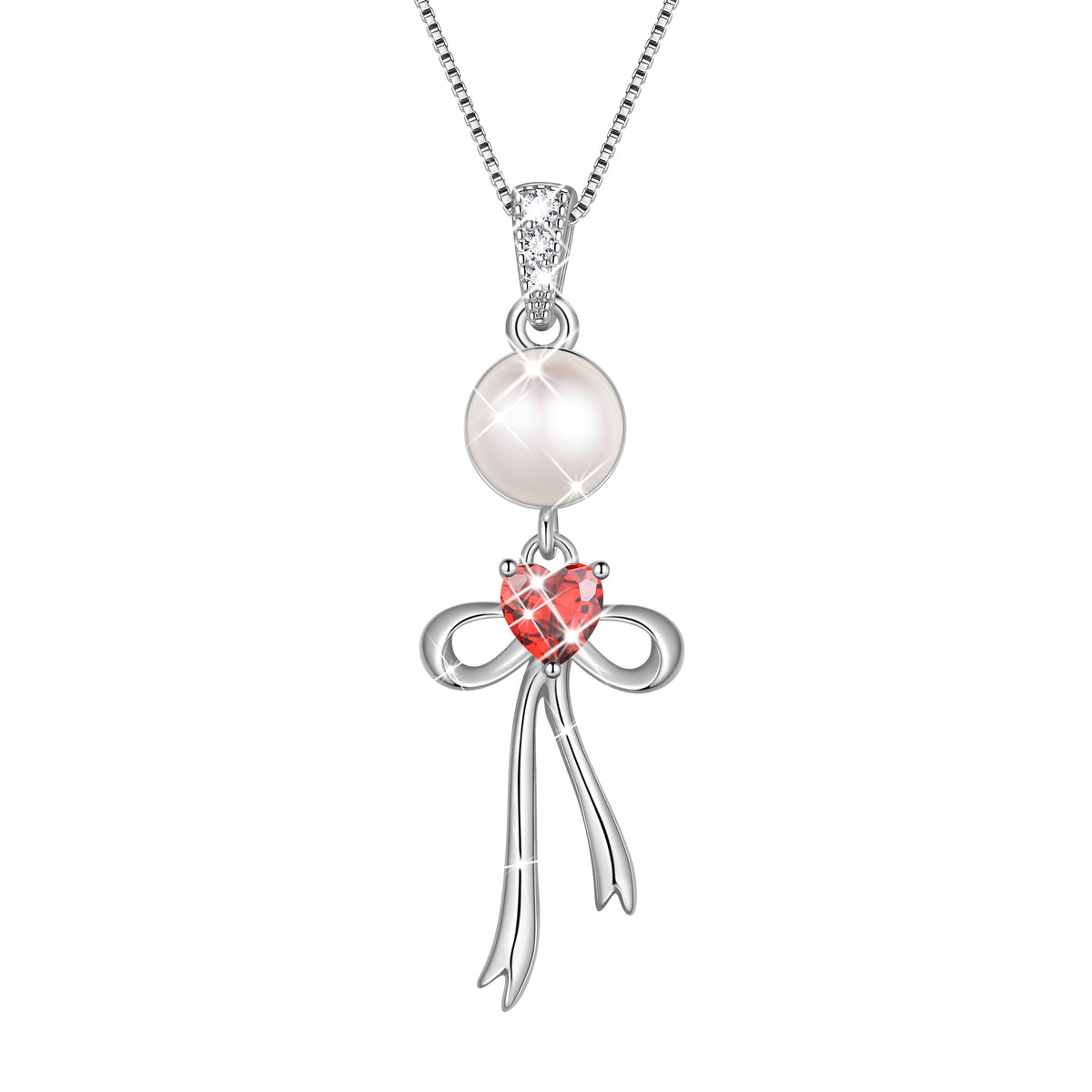 S925 Sterling Silver Birthstone Necklace for Women,Pearl Bow Pendant Necklace with CZ Birthstone,Jewelry Gift for Her Wife Mom Girlfriend,Birthday Mother’s Day Christmas Gift