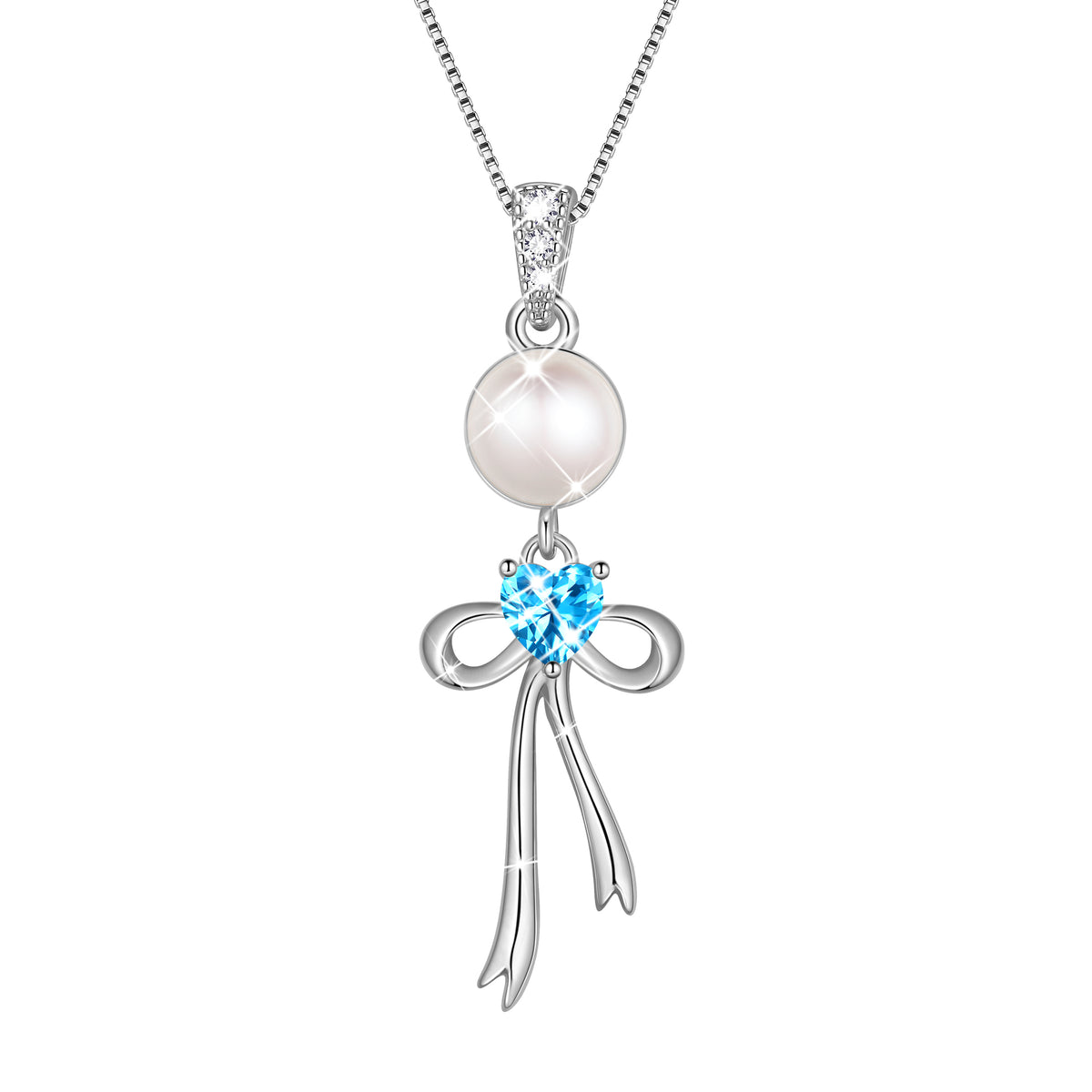 S925 Sterling Silver Birthstone Necklace for Women,Pearl Bow Pendant Necklace with CZ Birthstone,Jewelry Gift for Her Wife Mom Girlfriend,Birthday Mother’s Day Christmas Gift