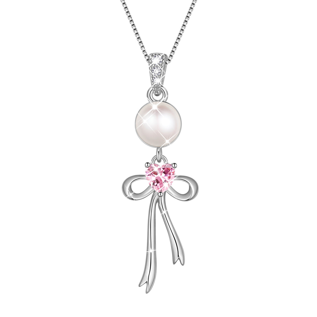 S925 Sterling Silver Birthstone Necklace for Women,Pearl Bow Pendant Necklace with CZ Birthstone,Jewelry Gift for Her Wife Mom Girlfriend,Birthday Mother’s Day Christmas Gift
