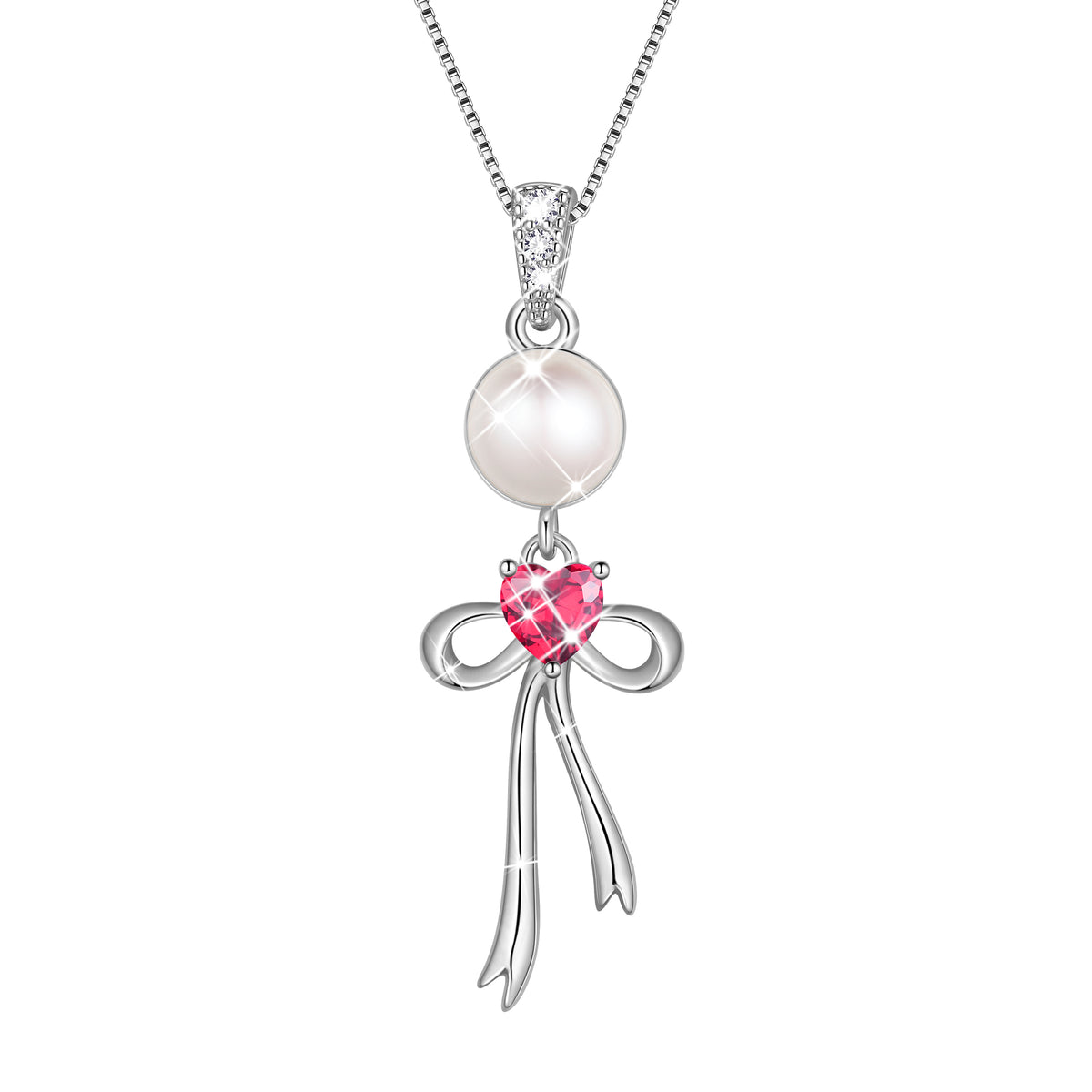 S925 Sterling Silver Birthstone Necklace for Women,Pearl Bow Pendant Necklace with CZ Birthstone,Jewelry Gift for Her Wife Mom Girlfriend,Birthday Mother’s Day Christmas Gift