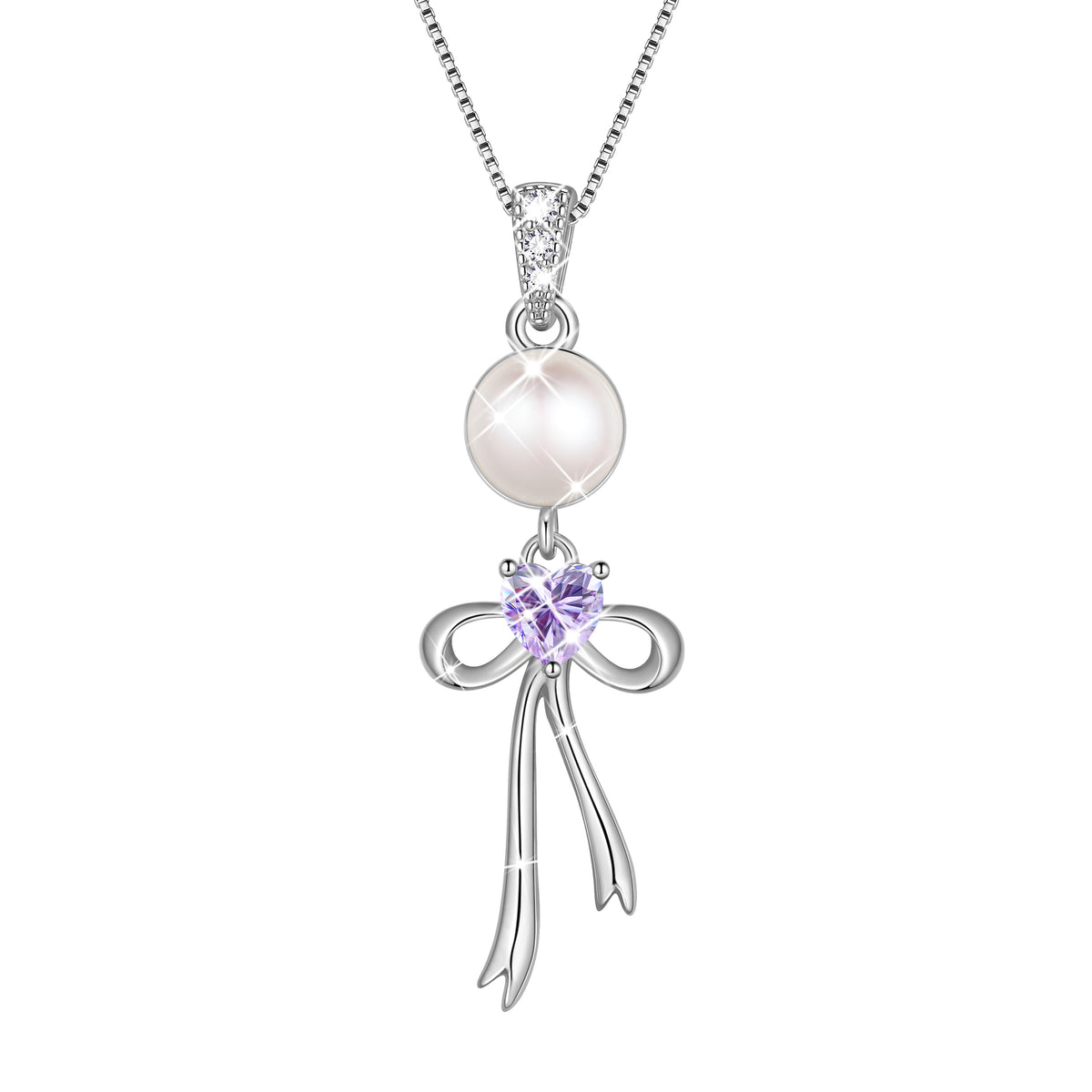S925 Sterling Silver Birthstone Necklace for Women,Pearl Bow Pendant Necklace with CZ Birthstone,Jewelry Gift for Her Wife Mom Girlfriend,Birthday Mother’s Day Christmas Gift