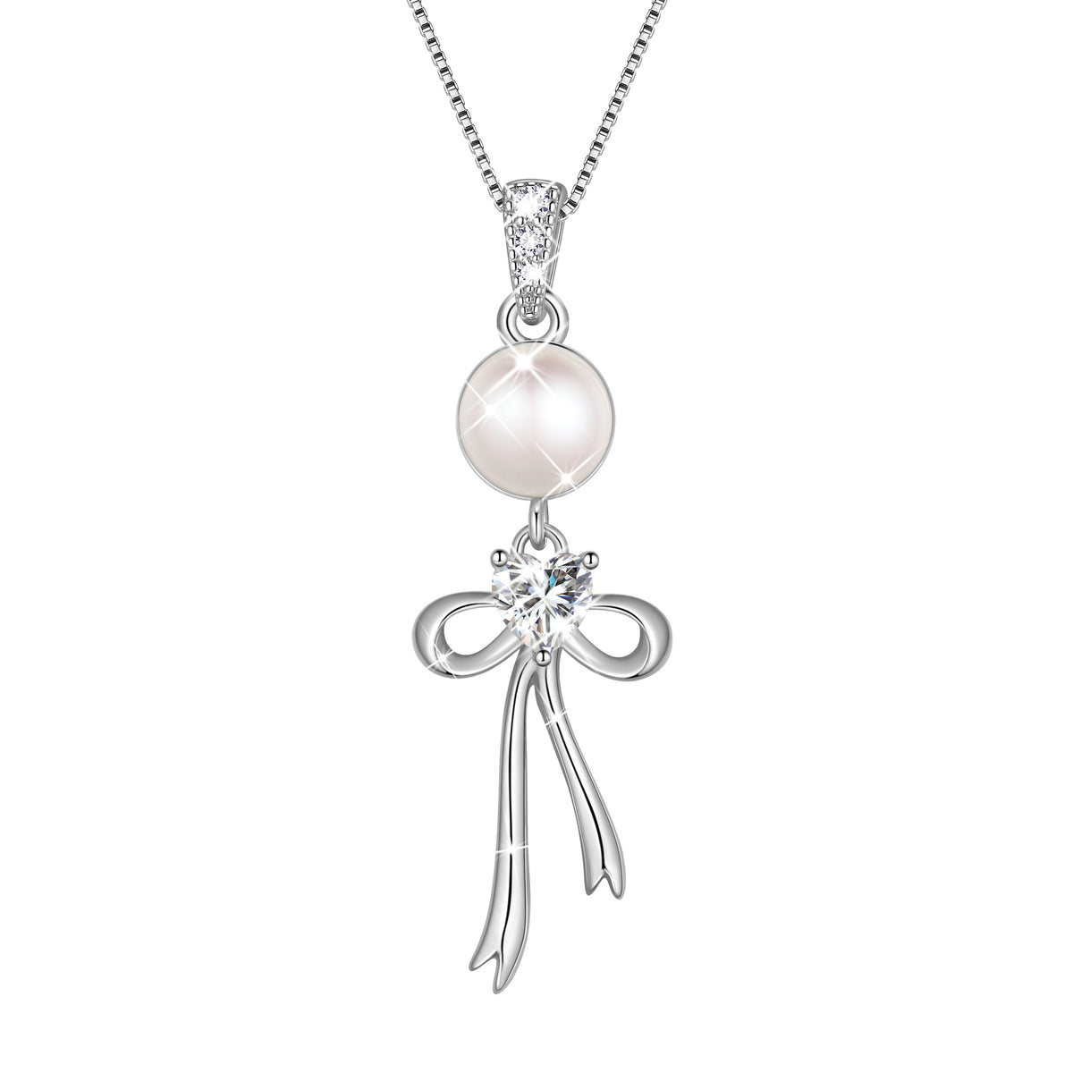 S925 Sterling Silver Birthstone Necklace for Women,Pearl Bow Pendant Necklace with CZ Birthstone,Jewelry Gift for Her Wife Mom Girlfriend,Birthday Mother’s Day Christmas Gift