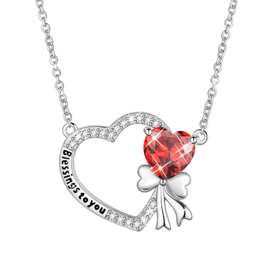 925 Sterling Silver Heart Birthstone Necklace, Bow Knot Pendant Christmas Birthday Anniversary Jewelry Gift for Women Mom