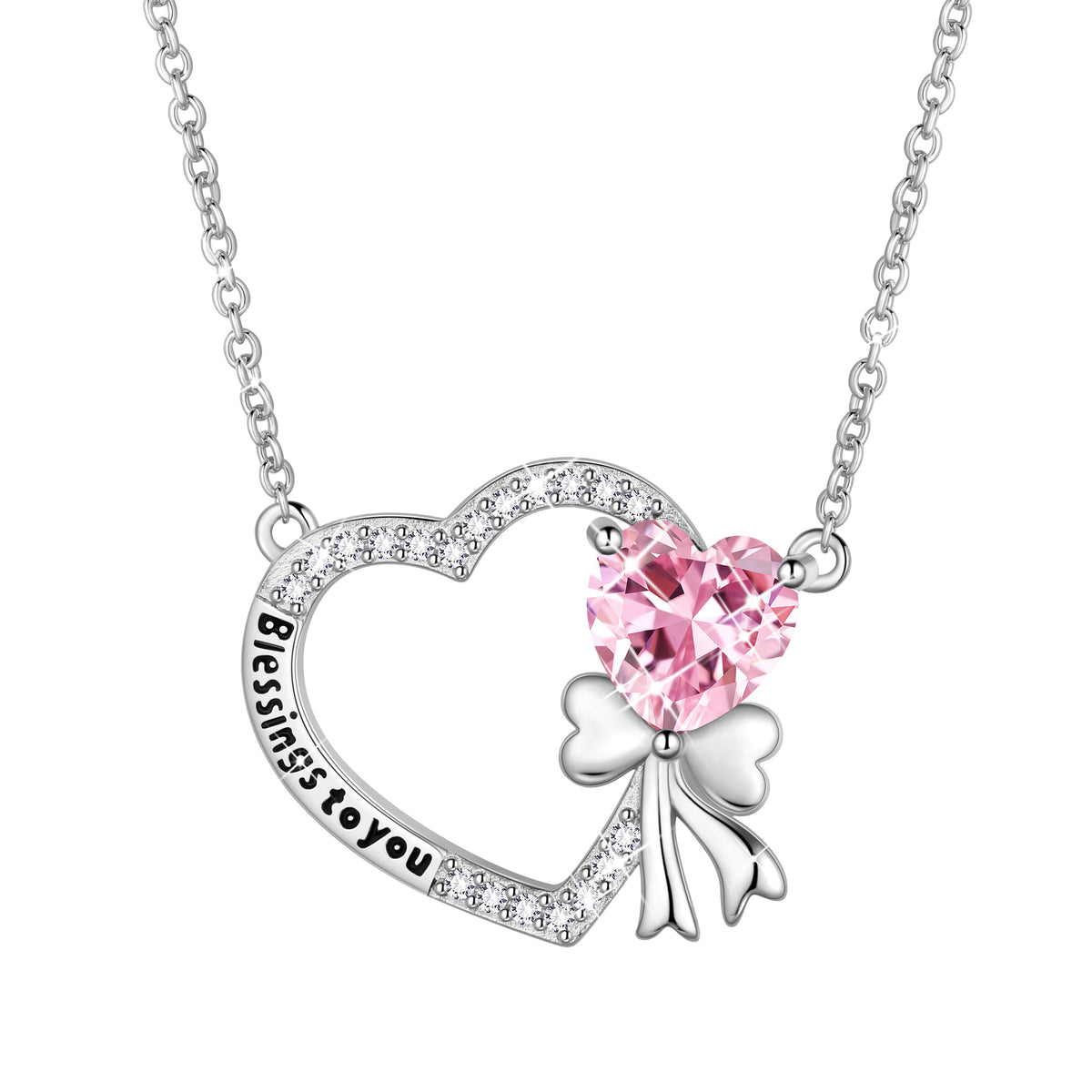 925 Sterling Silver Heart Birthstone Necklace, Bow Knot Pendant Christmas Birthday Anniversary Jewelry Gift for Women Mom