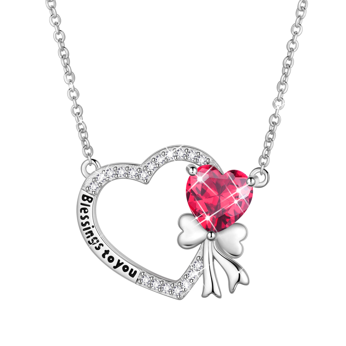 925 Sterling Silver Heart Birthstone Necklace, Bow Knot Pendant Christmas Birthday Anniversary Jewelry Gift for Women Mom