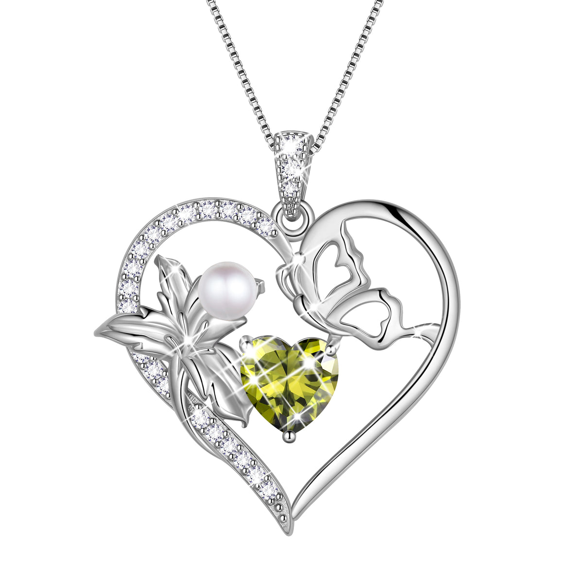 925 Sterling Silver Flower Heart Birthstone Necklace,Butterfly and Iris Pearl Pendant Necklace Birthday Valentine's Day Christmas Jewelry Gifts for Women / Mom / Lovers